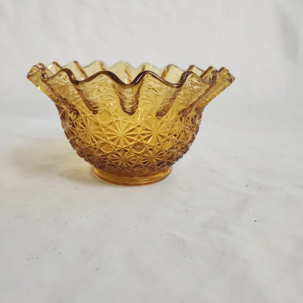 LE Smith Amber Daisy and Button Glass Candy Dish Bowl